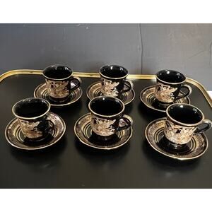 Hand Made Demitasse Cups and Saucers Set of 6-Black W/24K Gold, Greek Art